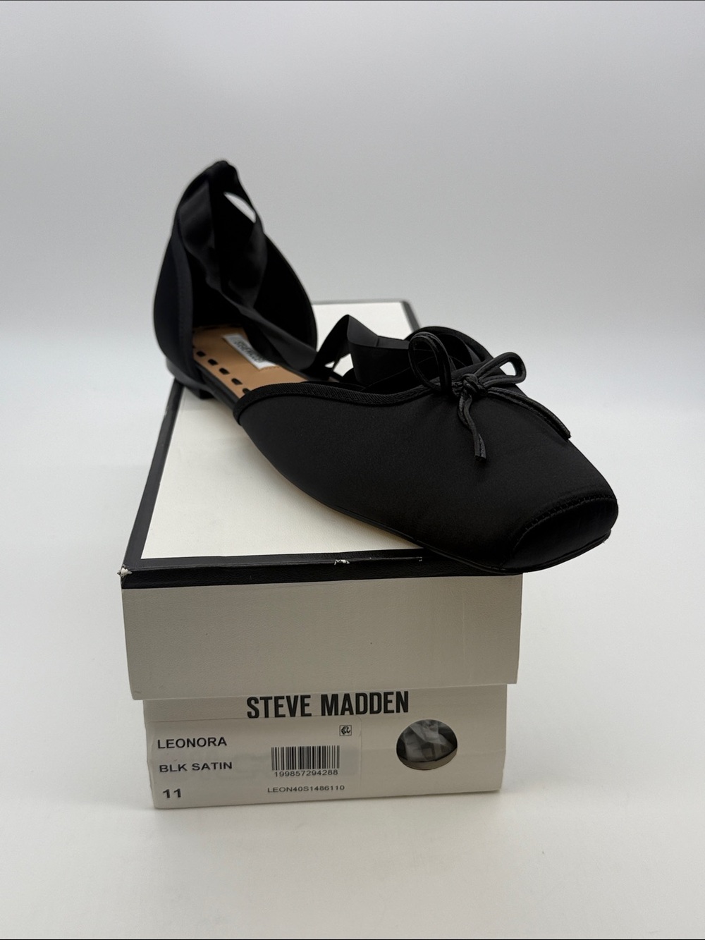 Steve Madden Black Satin Pointed Tie Ballet Flat